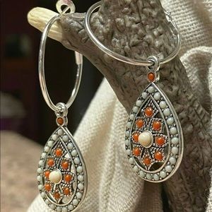 Orange Ivory Patterned Teardrop Silver Earring